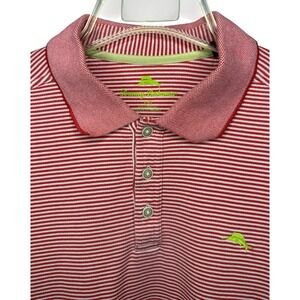 Tommy Bahama Men's Large Red and White Striped Short‎ Sleeve Polo Shirt